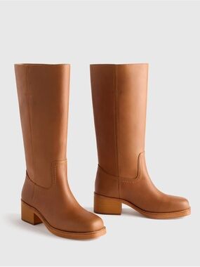 Quince Italian Leather Block Heel Boots Chestnut Sz 8